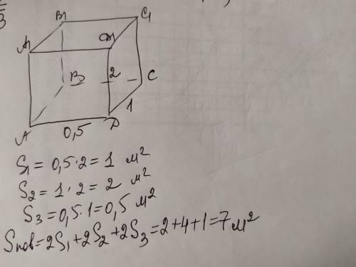В прямоугольном параллелепипеде три стороны равны 0,5,1,2м. Найдите общую площадь поверхности​