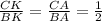 \frac{CK}{BK} = \frac{CA}{BA} = \frac{1}{2}