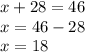 x+28=46\\x=46-28\\x=18