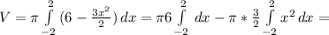 V=\pi \int\limits^2_{-2} {(6-\frac{3x^2}{2} )} \, dx= \pi 6\int\limits^2_{-2} {} \, dx -\pi *\frac{3}{2} \int\limits^2_{-2} {x^2} \, dx =