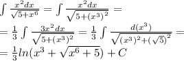 \int\limits \frac{ {x}^{2} dx}{ \sqrt{5 + {x}^{6} } } = \int\limits \frac{ {x}^{2} dx}{ \sqrt{5 + {( {x}^{3}) }^{2} } } = \\ = \frac{1}{3} \int\limits \frac{3 {x}^{2}dx }{ \sqrt{5 + {( {x}^{3}) }^{2} } } = \frac{1}{3} \int\limits \frac{d( {x}^{3}) }{ \sqrt{ {( {x}^{3}) }^{2} + {( \sqrt{5} )}^{2} } } = \\ = \frac{1}{3} ln( {x}^{3} + \sqrt{ {x}^{6} + 5} ) + C