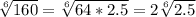 \sqrt[6]{160} =\sqrt[6]{64*2.5} =2\sqrt[6]{2.5}