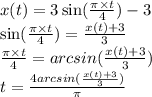 x(t) = 3 \sin( \frac{\pi \times t}{4} ) - 3 \\ \sin( \frac{\pi \times t}{4} ) = \frac{x(t) + 3}{3} \\ \frac{\pi \times t}{4} = arcsin( \frac{x(t) + 3}{3}) \\ t = \frac{4arcsin( \frac{x(t) + 3}{3} )}{\pi}