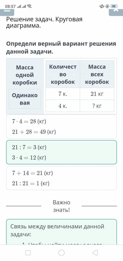 Определи верный вариант решения данной задачи. Масса однойкоробкиКоличествокоробокМасса всехкоробок7