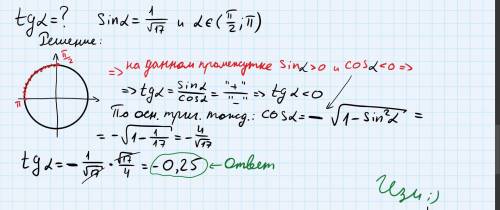 Tg a, если sin a=1/корень из 17, и a €(0,5p;p) p - число “пи”