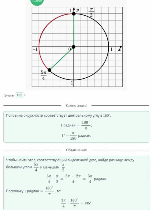 Найди в градусах величину центрального угла, указанного на рисунке, между точками п/2 и 5п/4