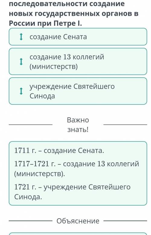 Распредели в хронологической последовательности создание новых государственных органов в России при