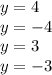 y = 4 \\ y = - 4 \\ y = 3 \\ y = - 3