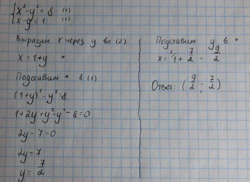 Реши систему уравнений: {x2−y2=8 x−y=1 {x= y=