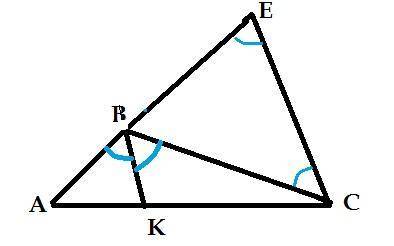 В треугольнике ABC провели биссектрису ВК, а из вер- шины с прямую, параллельную ВК, которая пересе-