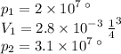 p_{1} = 2 \times {10}^{7} \: Па \\ V_{1} = 2.8 \times {10}^{ - 3} \: { м}^{3} \\ p_{2} = 3.1 \times {10}^{7} \: Па