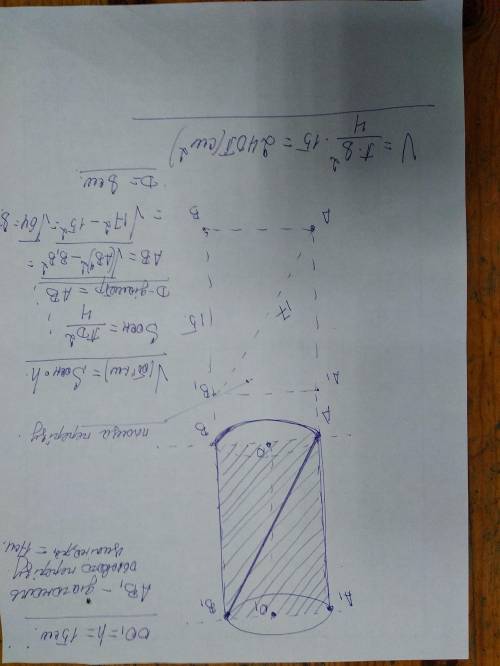 Терміново! 25 б. Діагональ осьового перерізу циліндра дорівнює 17 см . знайдіть об'єм циліндра , якщ