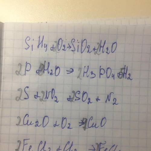 SiH4 + 02 SiO2 + H2O P + H2O -- H3PO4 + H2S+ NO2+ SO2 + N2Cu20+ 02 → CuoFeCl2 + Cl2 → FeCl3​