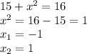 15+x^{2} =16\\x^{2} =16-15=1\\x_{1}=-1\\x_{2}=1