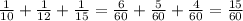 \frac{1}{10} +\frac{1}{12}+\frac{1}{15}=\frac{6}{60}+\frac{5}{60}+\frac{4}{60} =\frac{15}{60}