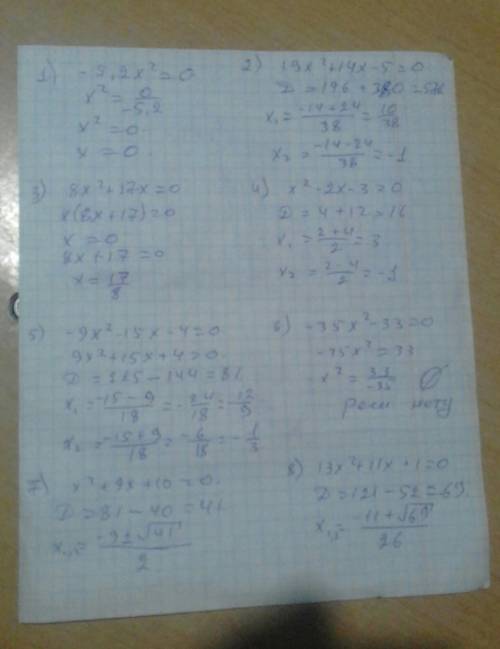 ЗАДАНИЯ Вариант 1.Реши уравнения:1) – 5,2х² = 0;2) 19х² + 14х – 5 = 0;3) 8х² + 17x = 0;4) х² - 2х -