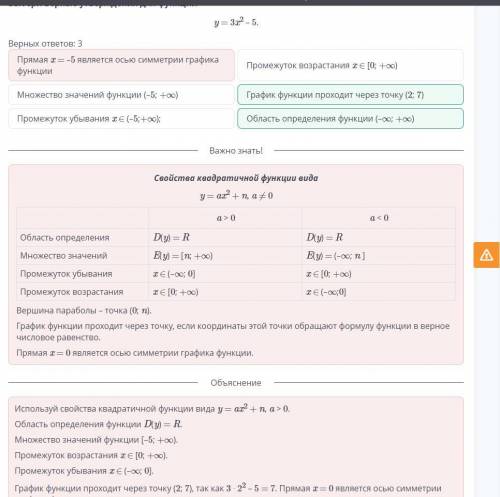 Выбери верные утверждения для функции y=3x²-5