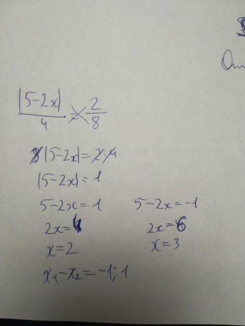 3. Решите уравнение: |5-2x|/4= 2/8 Найдите:x1-x2​