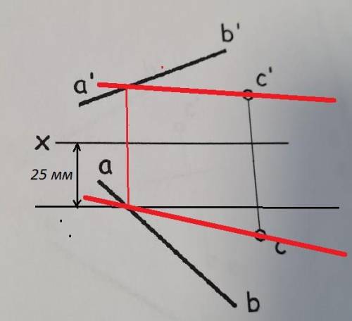 Построить проекции прямой с проходящей через точку с и пересекающей прямую ab в точке, отстоящей от