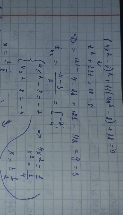 3. (4x² – 8)^2 + 11(4x² – 8) + 28=0.​