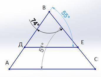 Нарисуй треугольник ABC и проведи DE ∥ AC. Известно, что: D∈AB,E∈BC, ∢ABC=74°, ∢EDB=55°.Вычисли ∡ BC