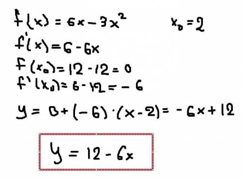 Написать уравнение касательной к графику функции у=f(x) в точке с абсциссой х0, если 2) f(x)=6x-3x^2