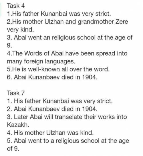 Task 4.Complete the sentences 1.His father Kunanbai was very 2.His mother Zere very kind.3.Abai went