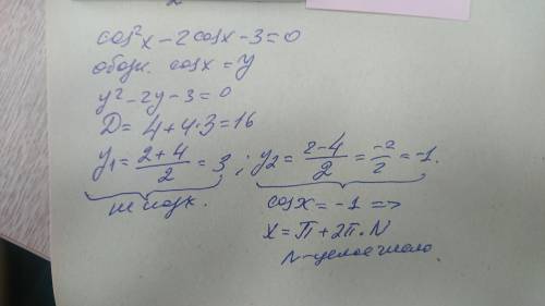 Cos(2 степень) x- 2 cos x - 3 = 0 надо по-братски​