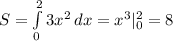 S=\int\limits^2_0 {3x^2} \, dx =x^3|_0^2=8