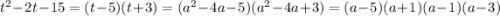 t^{2} -2t-15=(t-5)(t+3) = (a^{2}-4a-5 )(a^{2} -4a+3) = (a-5)(a+1)(a-1)(a-3)