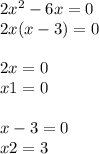 2 {x}^{2} - 6x = 0 \\ 2x(x - 3) = 0 \\ \\ 2x = 0 \\ x1 = 0 \\ \\ x - 3 = 0 \\ x2 = 3