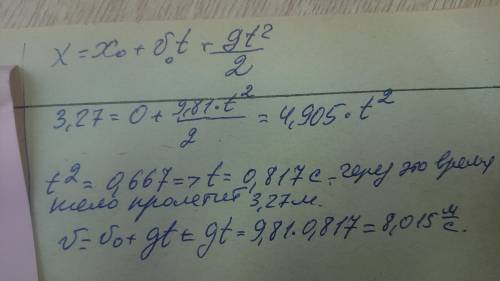 Тіло масою 200гпадає з висоти 3.27м. Визначити швидкість тіла в момент падіння на землю ​