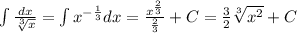 \int\limits \frac{dx}{ \sqrt[3]{x} } =\int\limits {x}^{ - \frac{1}{3} } dx = \frac{ {x}^{ \frac{2}{3} } }{ \frac{2}{3} } + C = \frac{3}{2} \sqrt[3]{ {x}^{2} } + C\\