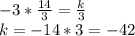 -3*\frac{14}{3} =\frac{k}{3} \\k=-14*3=-42