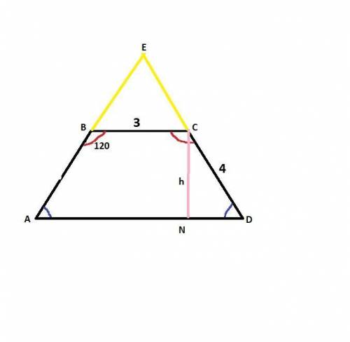Одно из оснований 3см боковая сторона 4см и угол между ними равен 120градусов.Вычисли периметр трапе