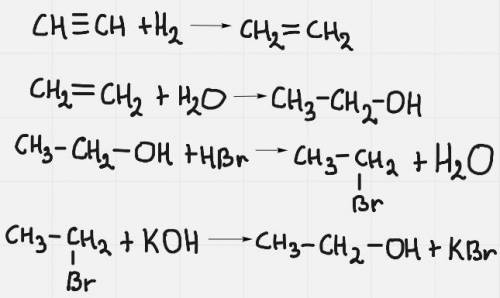 Составить уравнения реакций по схеме превращений Ацетилен → Этилен → Этанол → Бромэтан → Этанол