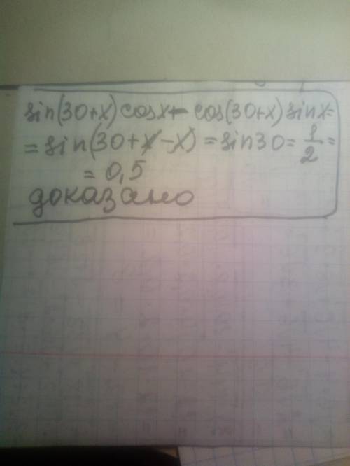 1. Докажите тождества:1) sin(30°+x)cosx-cos(30°+x)sinx=0,5;​