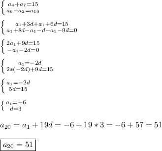 \left \{ {{a_{4}+a_{7}=15} \atop {a_{9} -a_{2}=a_{10} }} \right.\\\\\left \{ {{a_{1}+3d+a_{1}+6d=15 } \atop {a_{1}+8d-a_{1}-d-a_{1}-9d=0}} \right.\\\\\left \{ {{2a_{1}+9d=15 } \atop {-a_{1}-2d=0 }} \right.\\\\\left \{ {{a_{1}=-2d } \atop {2*(-2d)+9d=15}} \right.\\\\\left \{ {{a_{1}=-2d } \atop {5d=15}} \right.\\\\\left \{ {{a_{1}=-6 } \atop {d=3}} \right.\\\\a_{20}=a_{1}+19d=-6+19*3=-6+57=51\\\\\boxed{a_{20}=51}