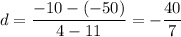 \displaystyle d=\frac{-10-(-50)}{4-11}=-\frac{40}{7}