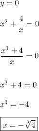 y = 0\\\\x^2 + \dfrac{4}{x} = 0\\\\\\\dfrac{x^3+4}{x} = 0\\\\\\x^3 + 4 = 0\\\\x^3 = -4\\\\\boxed{x = -\sqrt[3]{4}}