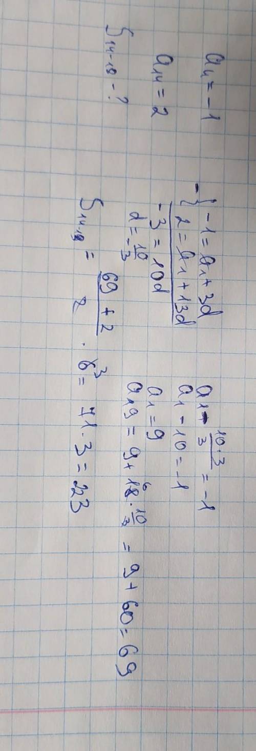 Про арифметическую прогрессию (an) известно, что a4 = −1 и a14 = 2. Найдите a14 + a15 + … + a18.