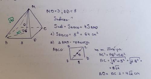 Основою піраміди є квадрат зі стороною 8 см , висота дорівнює 3 знайти площу повної поверхні