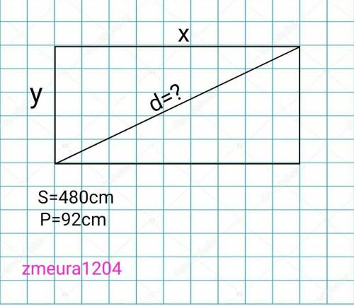 Aflaţi lungimea diagonalei unui dreptunghi cu aria de 480cm si perimentul 92cm​