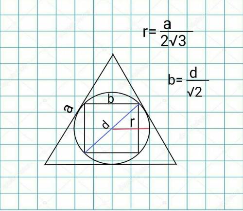 у правильний трикутник зі сороною 2√3 см вписанно коло. Знайдіть сторону квадрата, вписаного в це ко