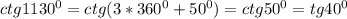 ctg1130^0=ctg(3*360^0+50^0)=ctg50^0=tg40^0