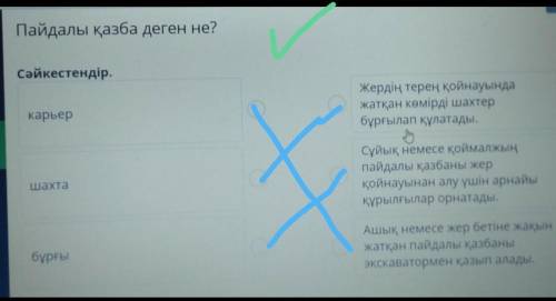 Пайдалы қазба деген не? Сәйкестендір.карьерОЖердің терең қойнауындажатқан көмірді шахтербұрғылап құл