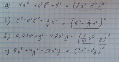 представьте в виде квадрата двучлена выражение: а)4a⁶-4a³b²+b⁴; б)b⁸-a²b⁴+¼a⁴; в)0,01x⁴+y²-0,2x²y; г