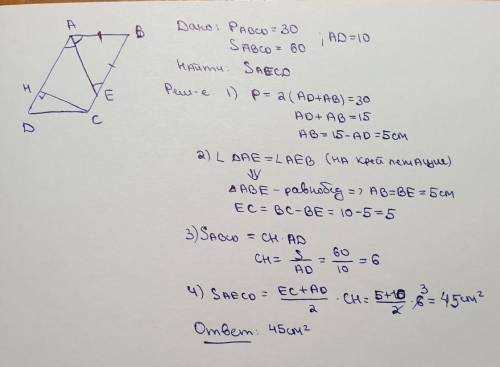 В параллелограмме ABCD с площадью 60см² и периметром 30см, AD=10см, AE-биссектриса. Найдите площадь
