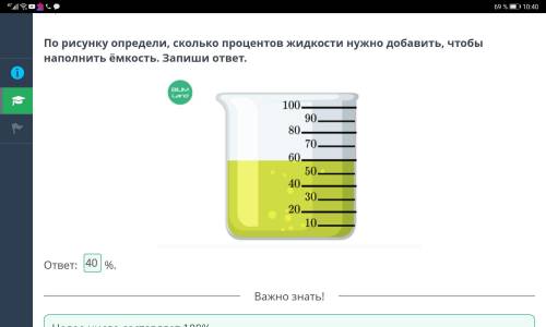 По рисунку определи, сколько процентов жидкости нужно добавить чтобы заполнить емкость. запиши ответ