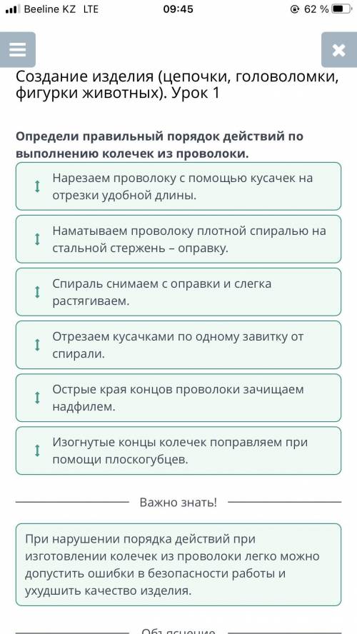 Создание изделия (цепочки, головоломки, фигурки животных). Урок 1 Определи правильный порядок действ